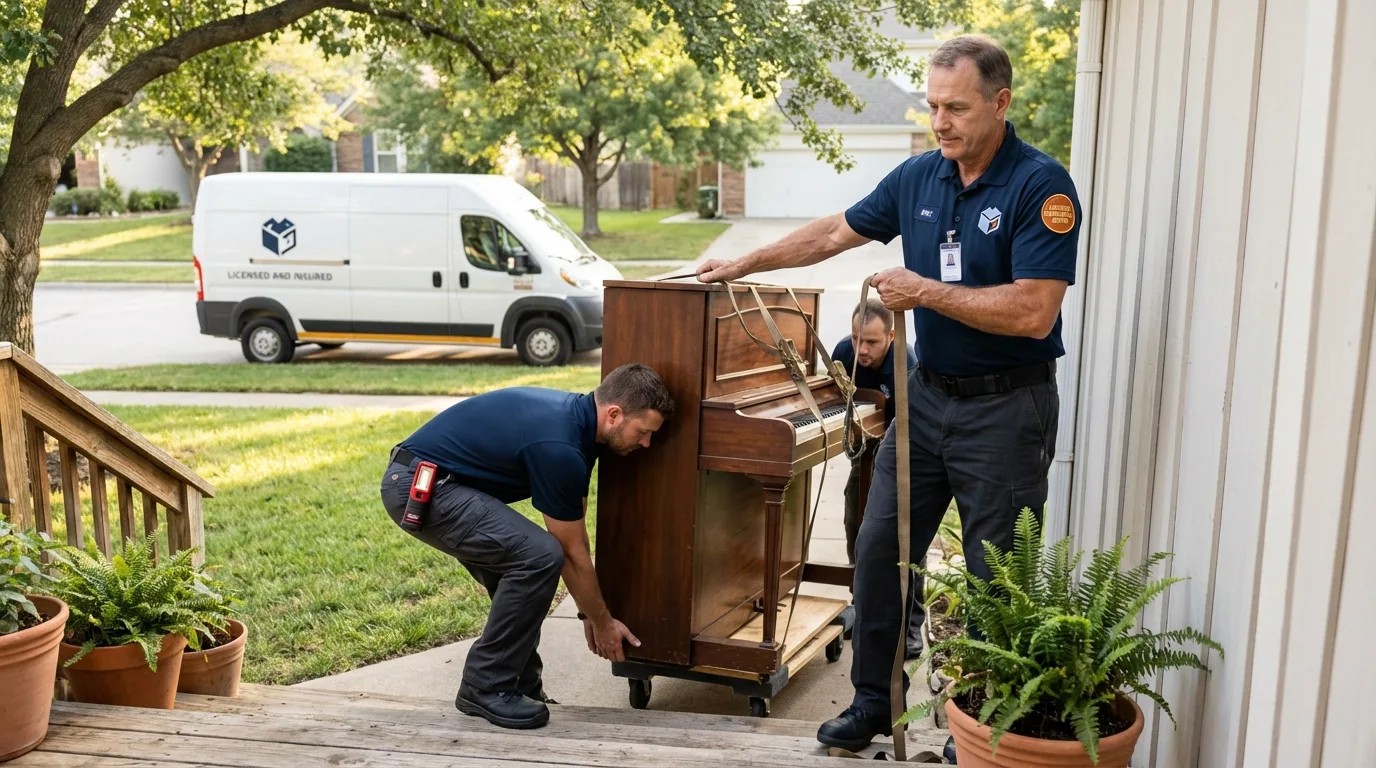 Licensed piano movers securing grand piano in Fort Worth, TX