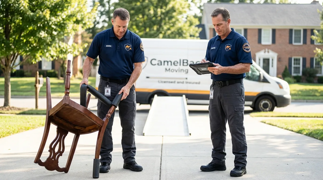 Movers inspecting furniture for damage prevention before loading in Fort Worth, TX