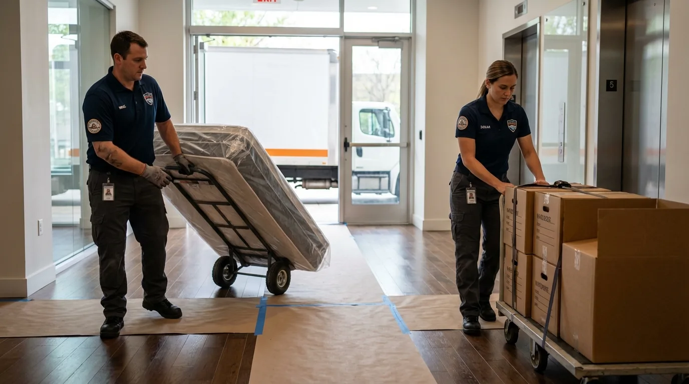 Professional apartment movers loading elevator in Fort Worth, TX